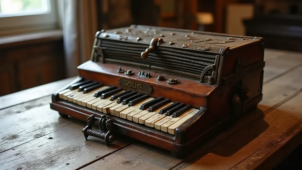 Antique accordion on a wooden table