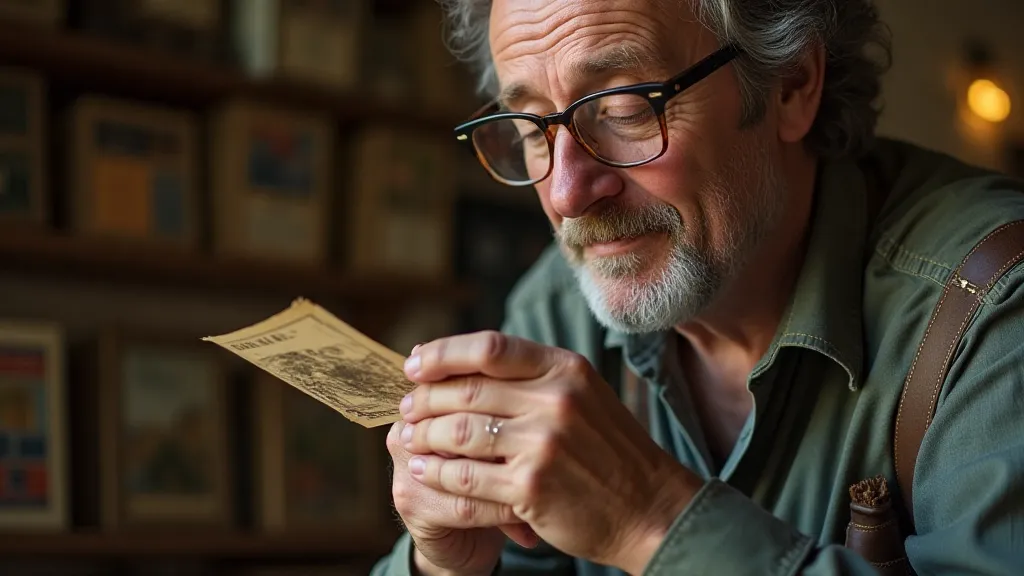 Postcard collector examining a card