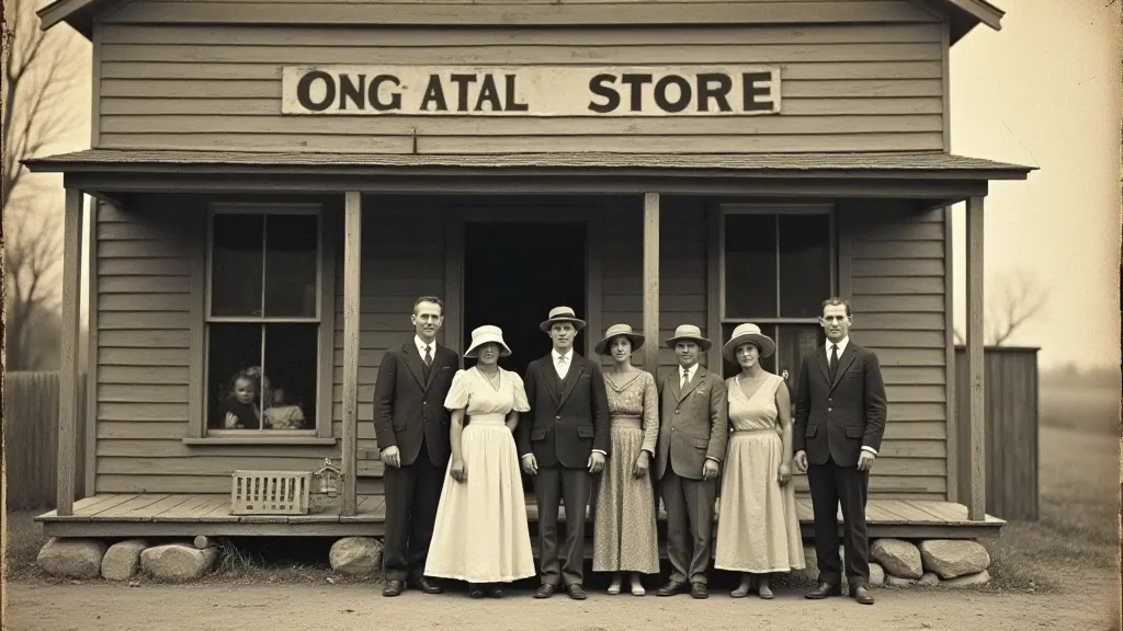 Vintage postcard of a family in front of a store