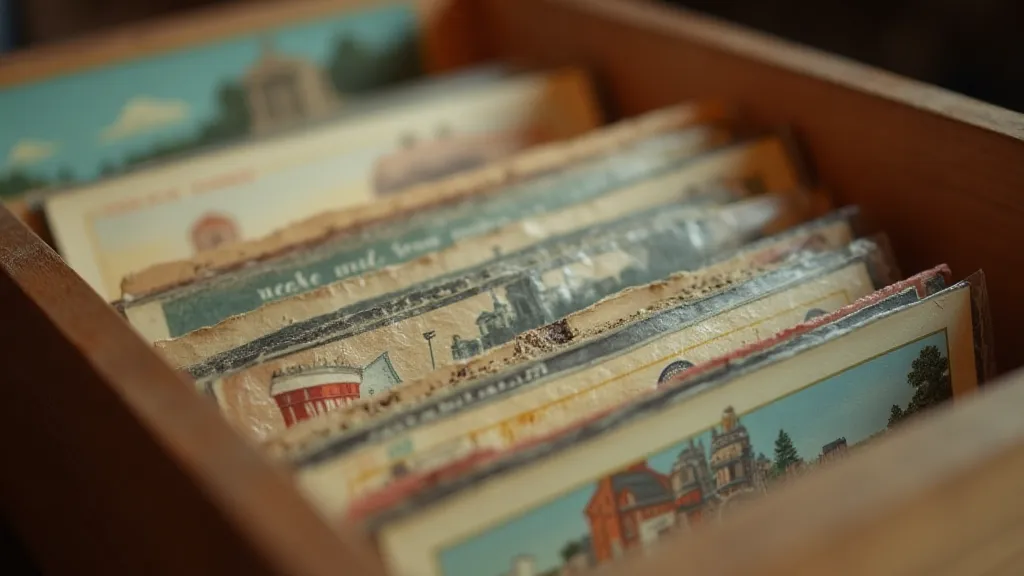 Collection of vintage postcards in a wooden box