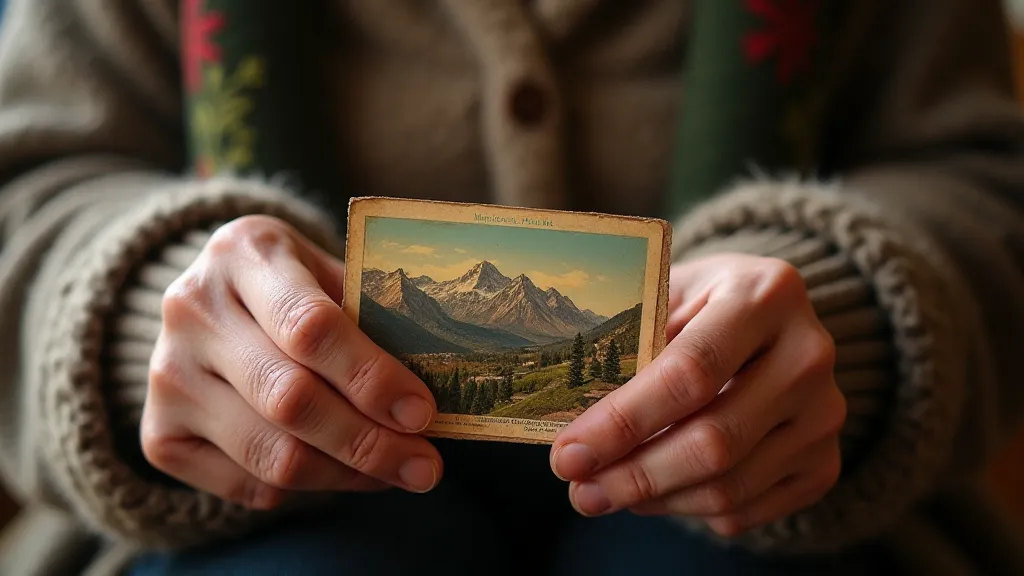 Elderly woman examining a vintage postcard