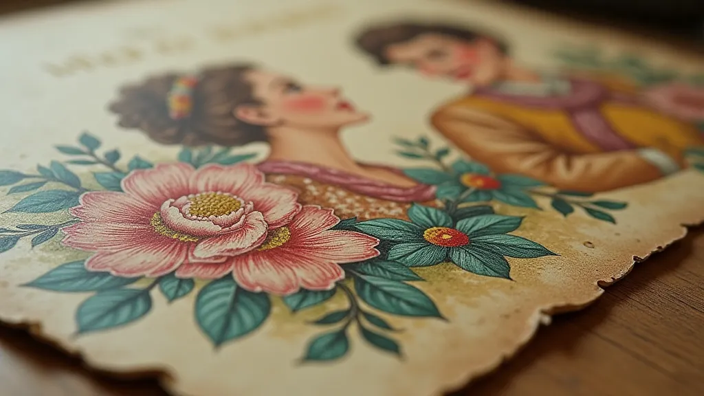 Close-up of a vintage postcard’s artwork