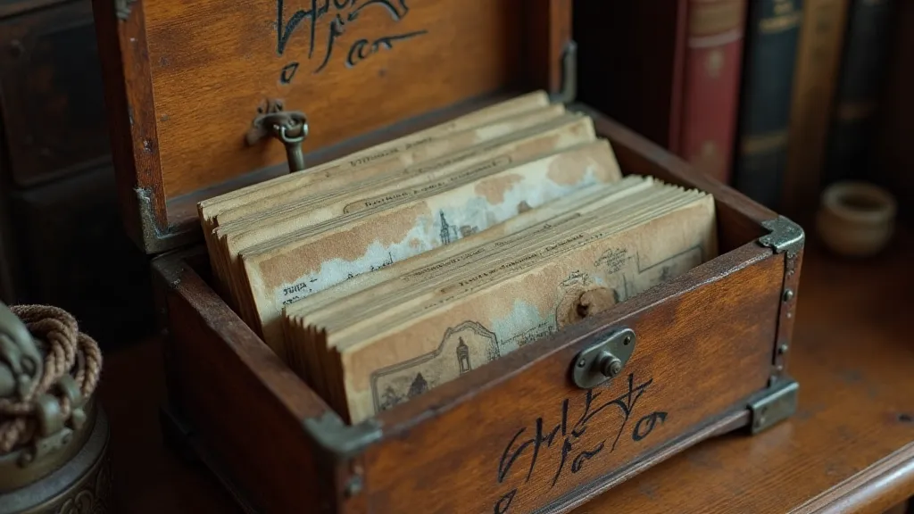 Vintage postcards stored in a wooden box