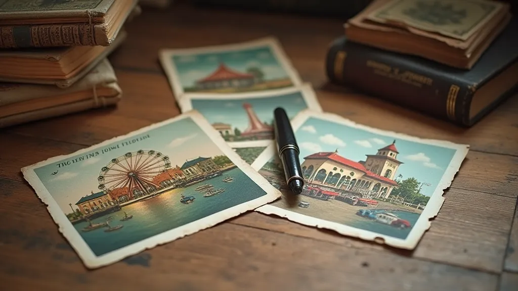 Vintage postcards on a wooden table
