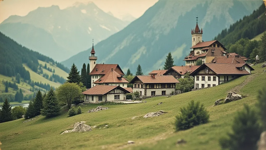 Hand-tinted vintage postcard of a Swiss mountain village